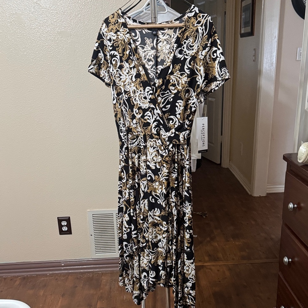 New Perceptions Black and Gold Floral Midi Dress